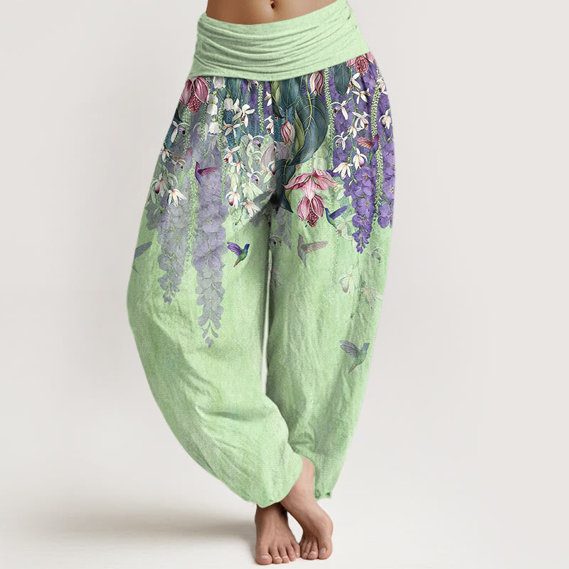 Buddha Stones Pantalones harén de algodón puro con estampado de orquídeas y cintura elástica para mujer - Gotas de miel - US16，UK/AU20，EU48 (3XL) - image 8