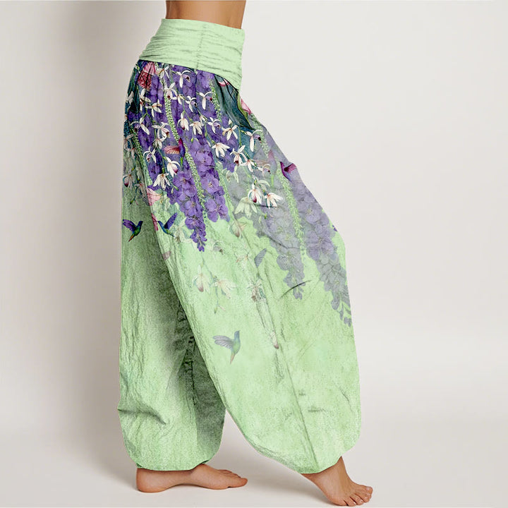 Buddha Stones Pantalones harén de algodón puro con estampado de orquídeas y cintura elástica para mujer - image 10
