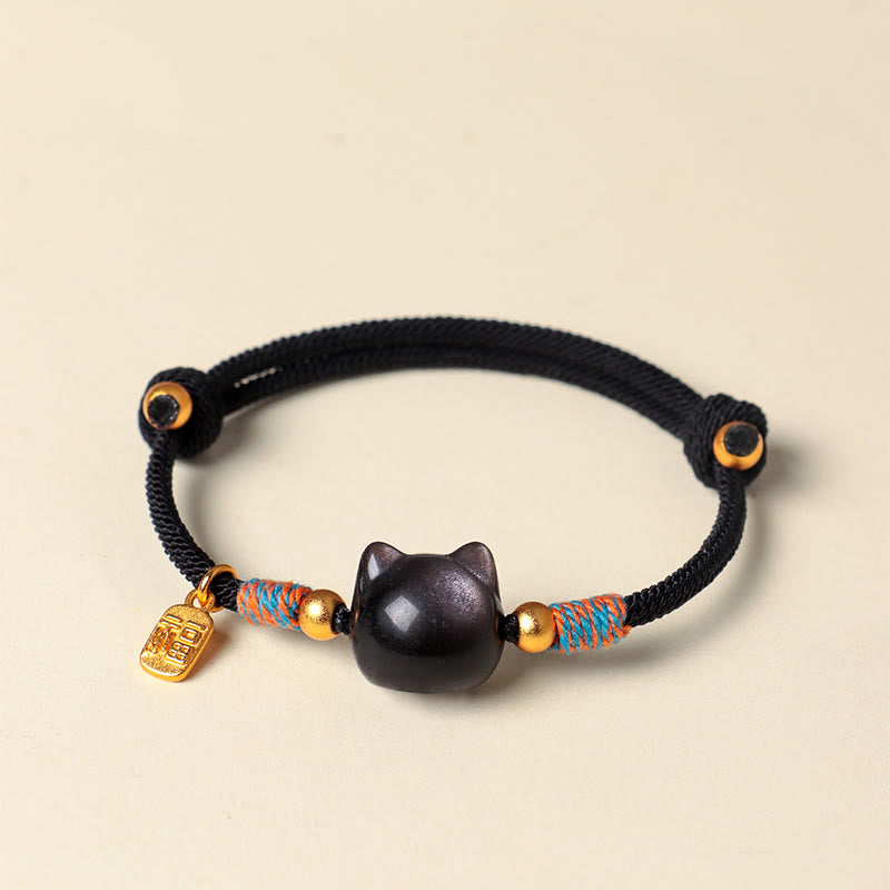 Buddha Stones Pulsera protectora de hilo de cristal rosa obsidiana con brillo plateado y personaje de Cat Fu - image 2