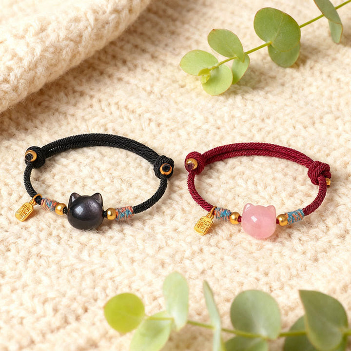Buddha Stones Pulsera protectora de hilo de cristal rosa obsidiana con brillo plateado y personaje de Cat Fu - image 16