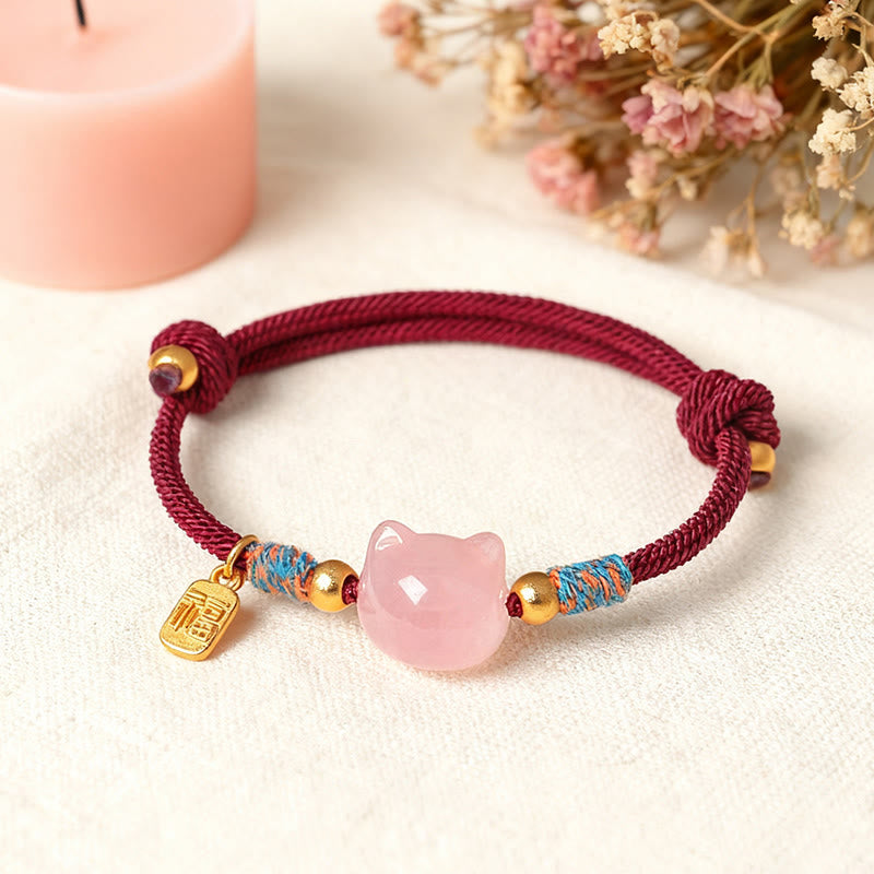 Buddha Stones Pulsera protectora de hilo de cristal rosa obsidiana con brillo plateado y personaje de Cat Fu - image 14