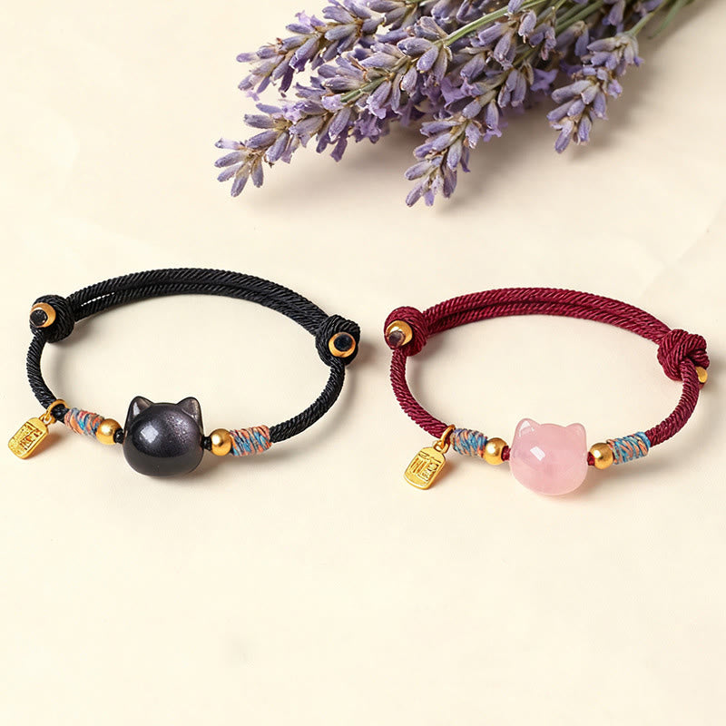 Buddha Stones Pulsera protectora de hilo de cristal rosa obsidiana con brillo plateado y personaje de Cat Fu - image 17