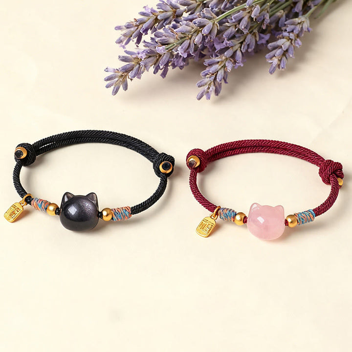 Buddha Stones Pulsera protectora de hilo de cristal rosa obsidiana con brillo plateado y personaje de Cat Fu - image 17