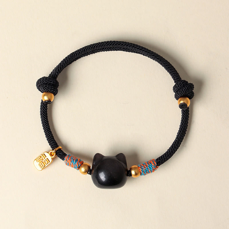 Buddha Stones Pulsera protectora de hilo de cristal rosa obsidiana con brillo plateado y personaje de Cat Fu - image 3