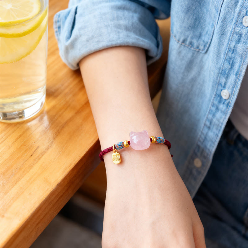 Buddha Stones Pulsera protectora de hilo de cristal rosa obsidiana con brillo plateado y personaje de Cat Fu - image 15