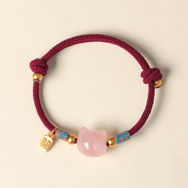 Buddha Stones Pulsera protectora de hilo de cristal rosa obsidiana con brillo plateado y personaje de Cat Fu - image 10