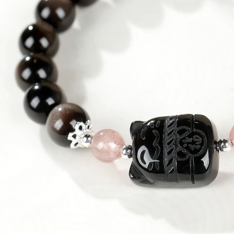 Buddha Stones Pulsera protectora de cuarzo fresa y obsidiana con brillo plateado de gato - image 10