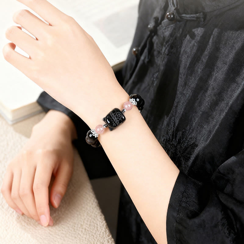 Buddha Stones Pulsera protectora de cuarzo fresa y obsidiana con brillo plateado de gato - image 4