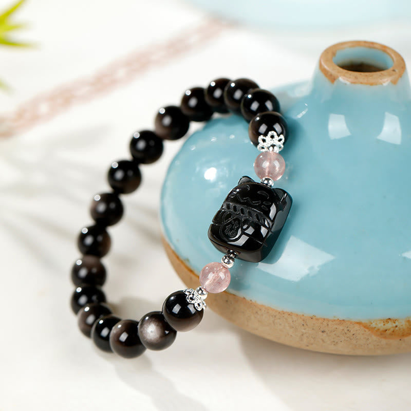 Buddha Stones Pulsera protectora de cuarzo fresa y obsidiana con brillo plateado de gato - image 7