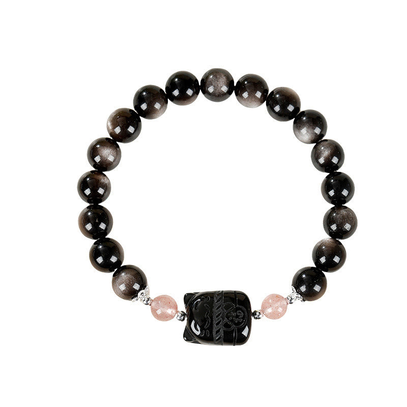 Buddha Stones Pulsera protectora de cuarzo fresa y obsidiana con brillo plateado de gato - image 9