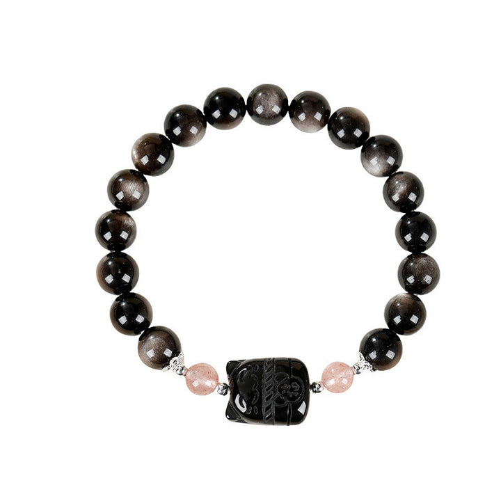 Buddha Stones Pulsera protectora de cuarzo fresa y obsidiana con brillo plateado de gato - image 9