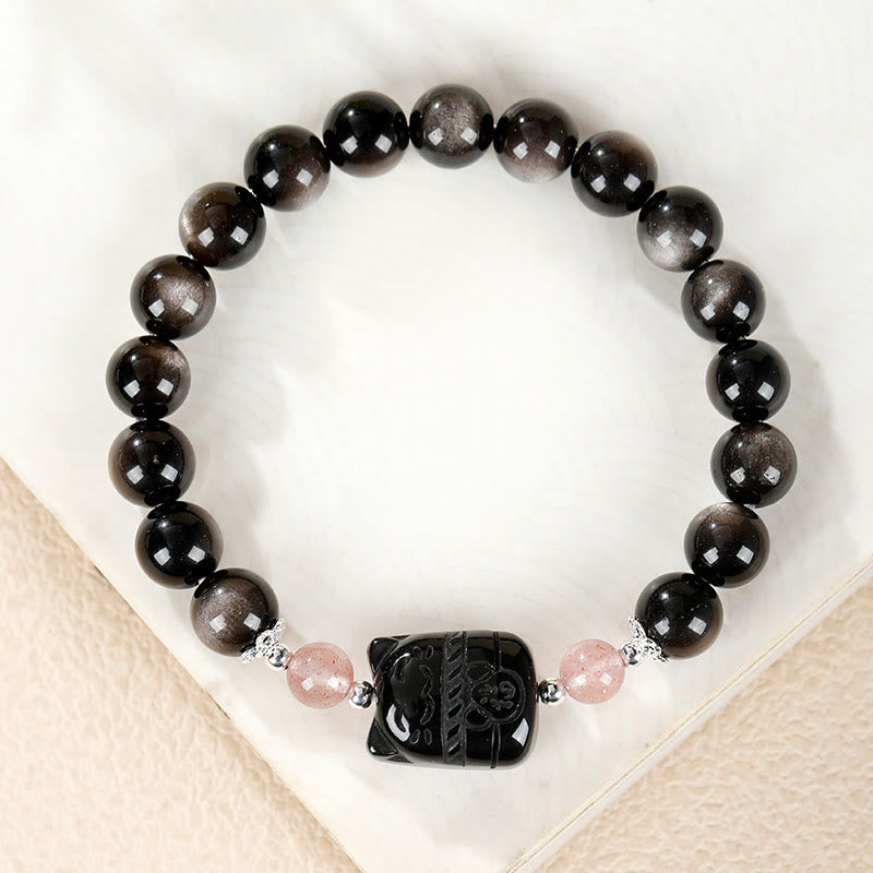 Buddha Stones Pulsera protectora de cuarzo fresa y obsidiana con brillo plateado de gato - Cuarzo fresa con obsidiana plateada (circunferencia de la muñeca: 14-15 cm) - 8 mm - image 0