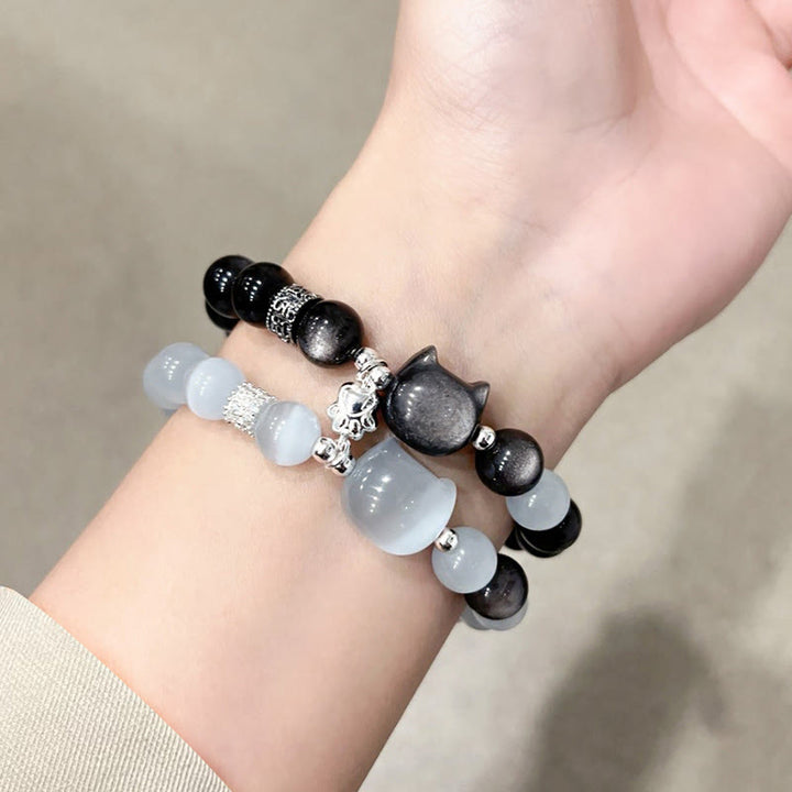 Buddha Stones Pulsera positiva de obsidiana plateada con brillo de ojo de gato blanco y cabeza de gato - image 17