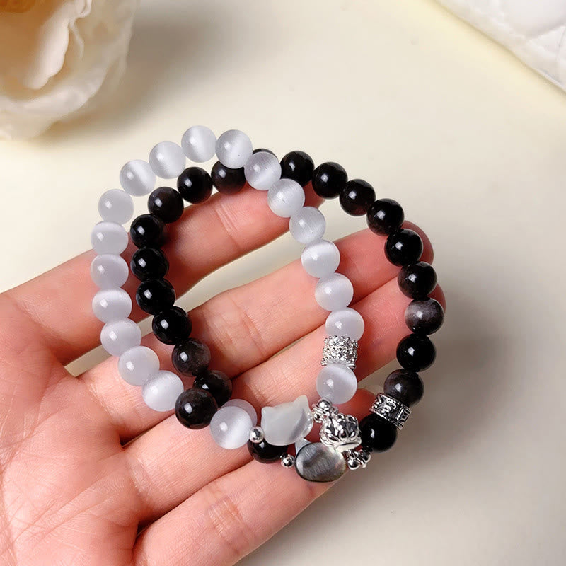 Buddha Stones Pulsera positiva de obsidiana plateada con brillo de ojo de gato blanco y cabeza de gato - image 16