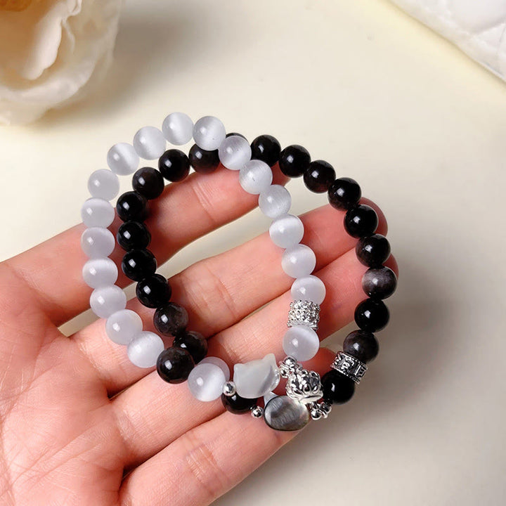 Buddha Stones Pulsera positiva de obsidiana plateada con brillo de ojo de gato blanco y cabeza de gato - image 16