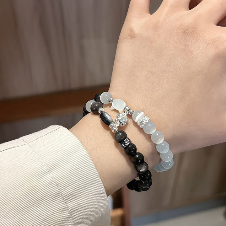 Buddha Stones Pulsera positiva de obsidiana plateada con brillo de ojo de gato blanco y cabeza de gato - image 7