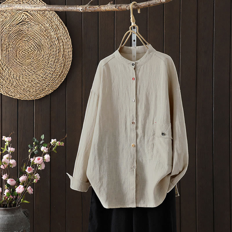 Buddha Stones Camisa de algodón de manga larga para mujer, color liso, cuello redondo, botones coloridos, diseño de otoño - Lino - US8-10，UK/AU12-14，EU40-42 (2XL) - image 5