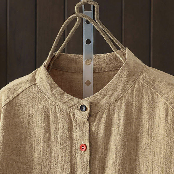 Buddha Stones Camisa de algodón de manga larga para mujer, color liso, cuello redondo, botones coloridos, diseño de otoño - image 1