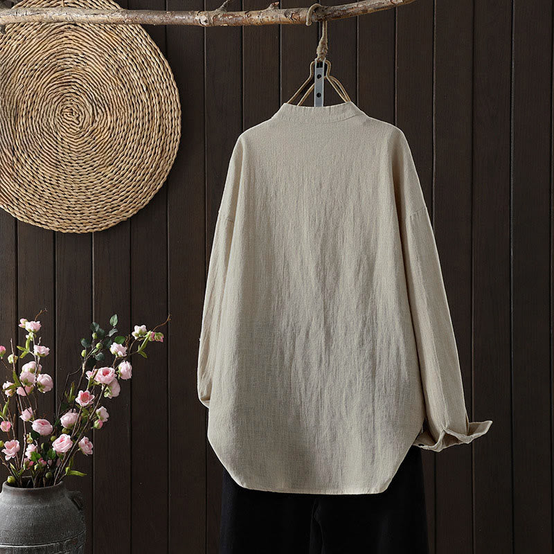 Buddha Stones Camisa de algodón de manga larga para mujer, color liso, cuello redondo, botones coloridos, diseño de otoño - image 6