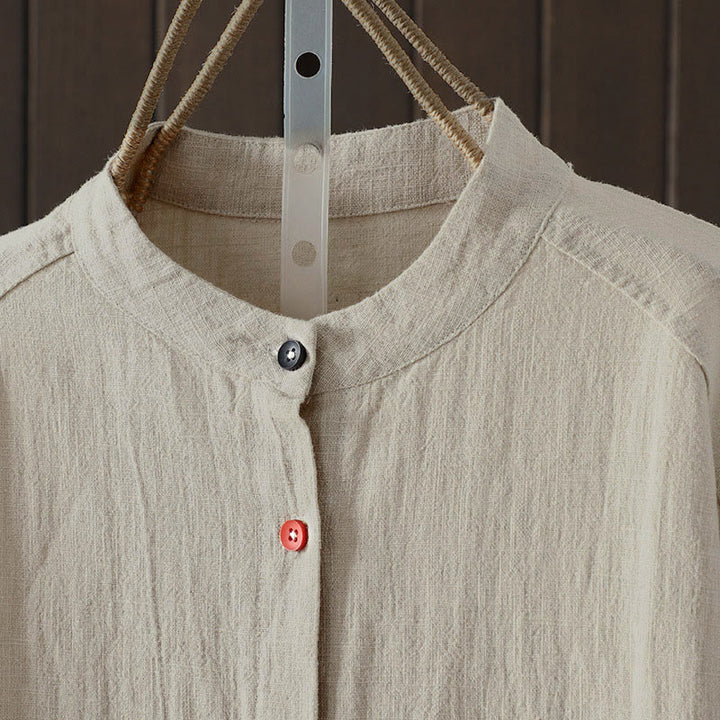 Buddha Stones Camisa de algodón de manga larga para mujer, color liso, cuello redondo, botones coloridos, diseño de otoño - image 7