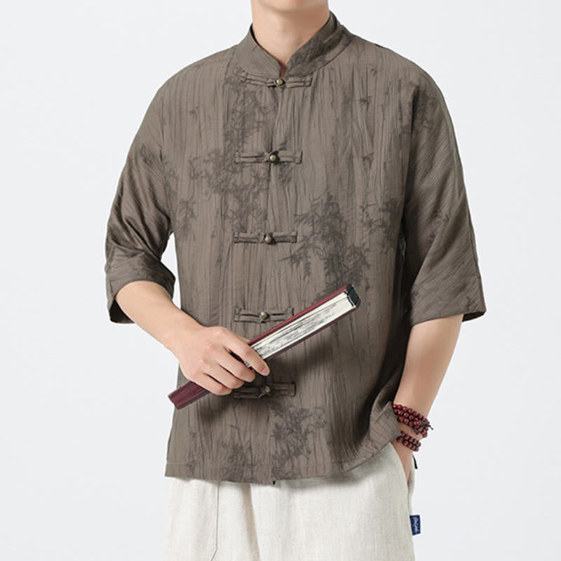 Buddha Stones Camisa de hombre de manga corta con diseño de agujas de pino y botones de rana - Broncearse - US/UK/AU46, EU56 (5XL) - image 0