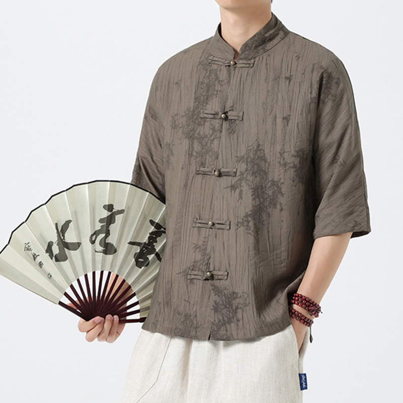Buddha Stones Camisa de hombre de manga corta con diseño de agujas de pino y botones de rana - image 6