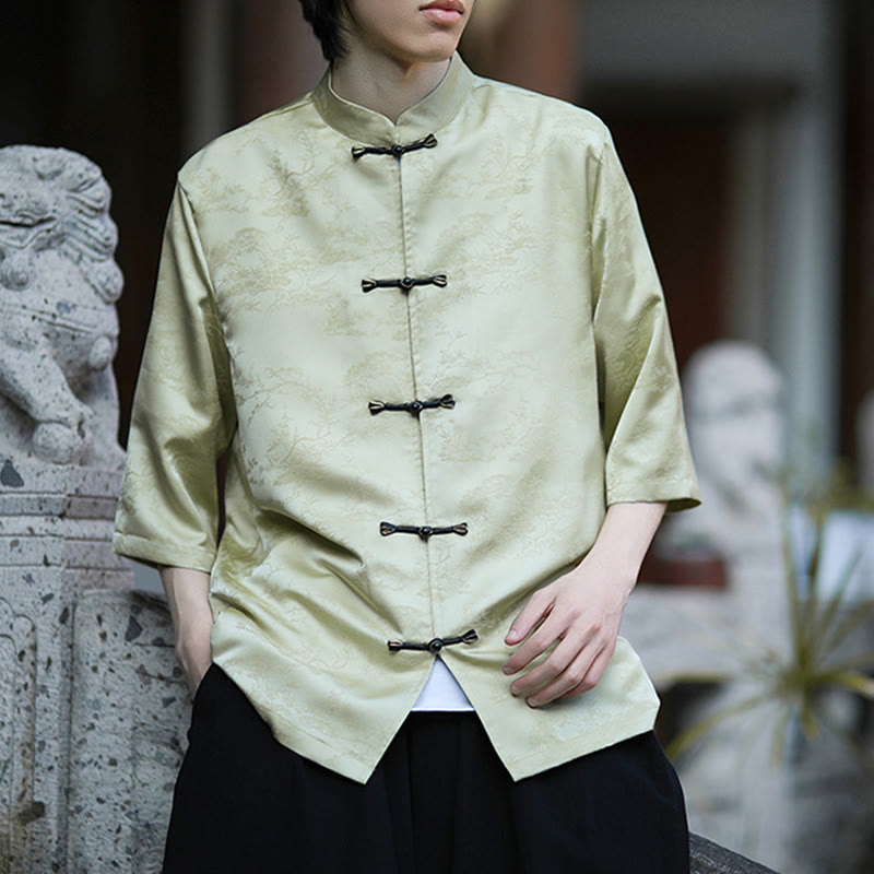 Buddha Stones Camisa de hombre de media manga con diseño de botones de rana y estampado de montaña y pino de verano - image 5