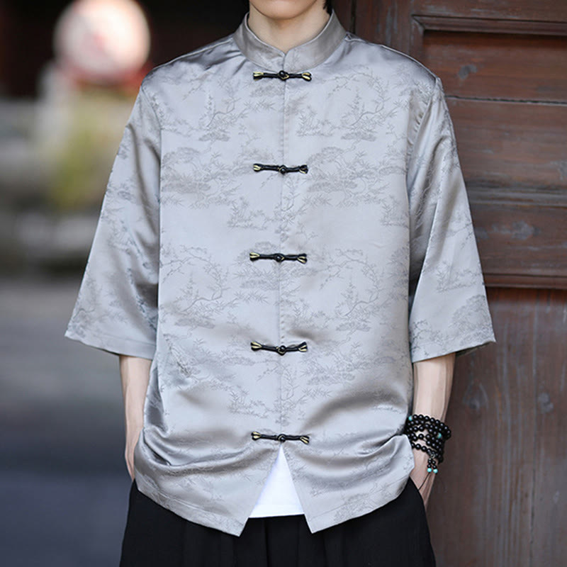 Buddha Stones Camisa de hombre de media manga con diseño de botones de rana y estampado de montaña y pino de verano - image 11