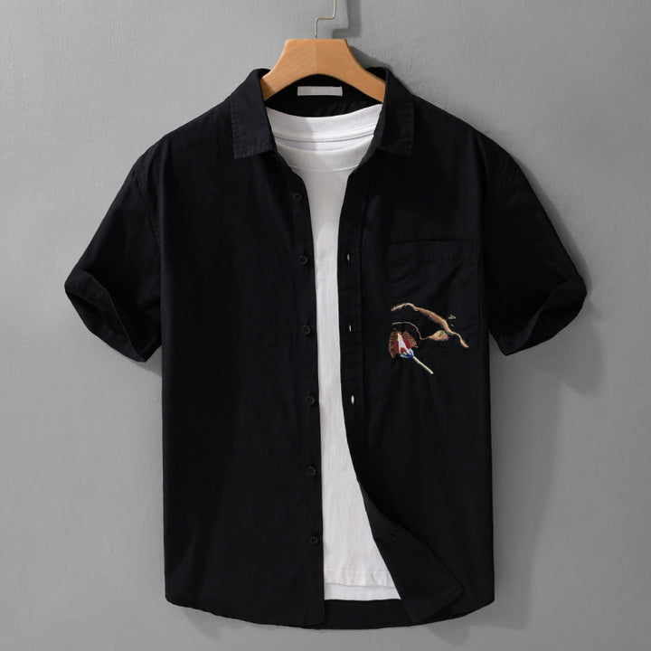 Buddha Stones Camisa de algodón de manga corta para hombre, con botones y bordado de pájaros, bolsillo decorativo, de verano - Negro - US/UK/AU40, UE50 (3XL) - image 10