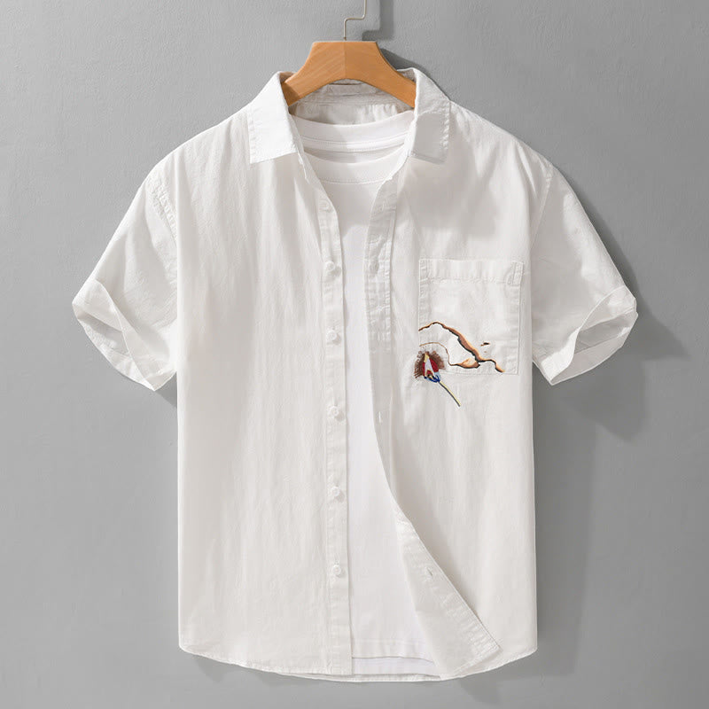 Buddha Stones Camisa de algodón de manga corta para hombre, con botones y bordado de pájaros, bolsillo decorativo, de verano - Blanco - US/UK/AU40, UE50 (3XL) - image 0