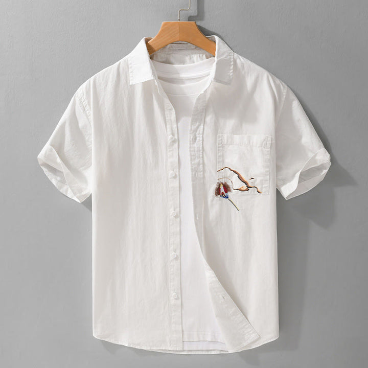 Buddha Stones Camisa de algodón de manga corta para hombre, con botones y bordado de pájaros, bolsillo decorativo, de verano - Blanco - US/UK/AU40, UE50 (3XL) - image 0
