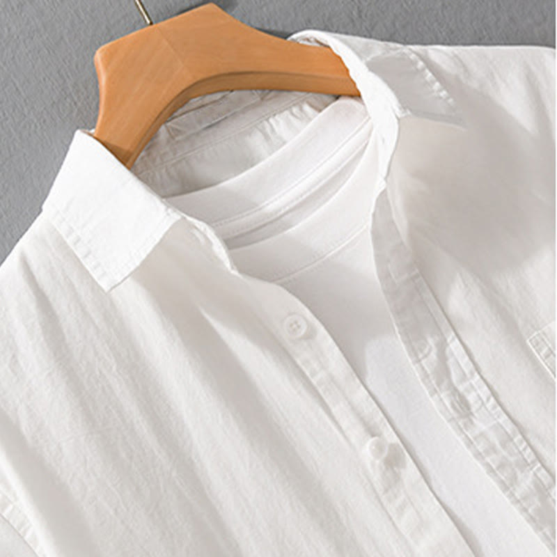Buddha Stones Camisa de algodón de manga corta para hombre, con botones y bordado de pájaros, bolsillo decorativo, de verano - image 3