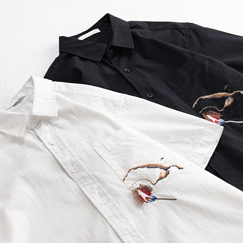 Buddha Stones Camisa de algodón de manga corta para hombre, con botones y bordado de pájaros, bolsillo decorativo, de verano - image 15
