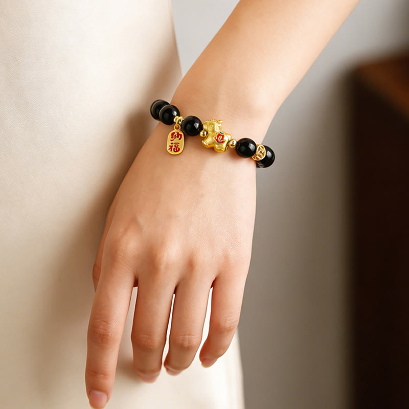 Buddha Stones Pulsera de fuerza de obsidiana negra del Año del Caballo - image 3