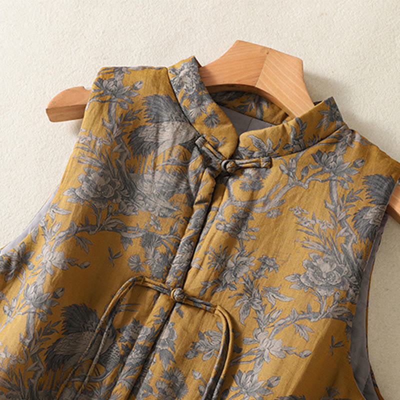 Buddha Stones Chaleco sin mangas de algodón para mujer con estampado de ranas, flores y ramas de grulla - image 4