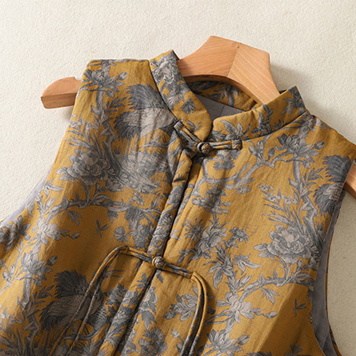 Buddha Stones Chaleco sin mangas de algodón para mujer con estampado de ranas, flores y ramas de grulla - image 4