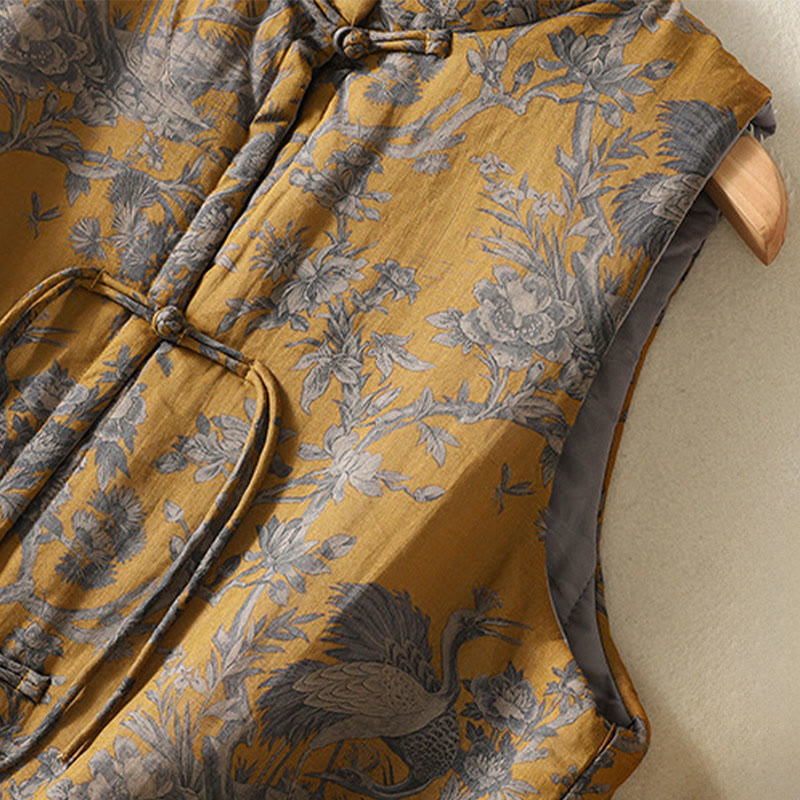 Buddha Stones Chaleco sin mangas de algodón para mujer con estampado de ranas, flores y ramas de grulla - image 7