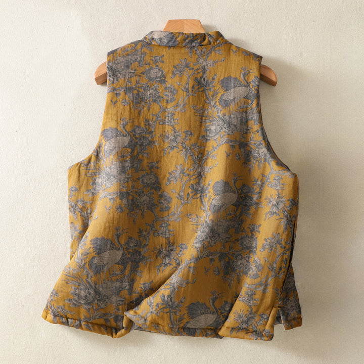 Buddha Stones Chaleco sin mangas de algodón para mujer con estampado de ranas, flores y ramas de grulla - image 1