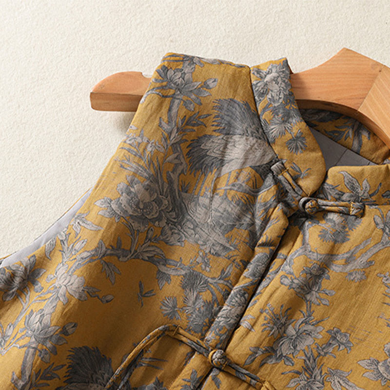 Buddha Stones Chaleco sin mangas de algodón para mujer con estampado de ranas, flores y ramas de grulla - image 6