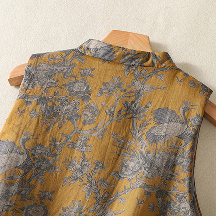 Buddha Stones Chaleco sin mangas de algodón para mujer con estampado de ranas, flores y ramas de grulla - image 5