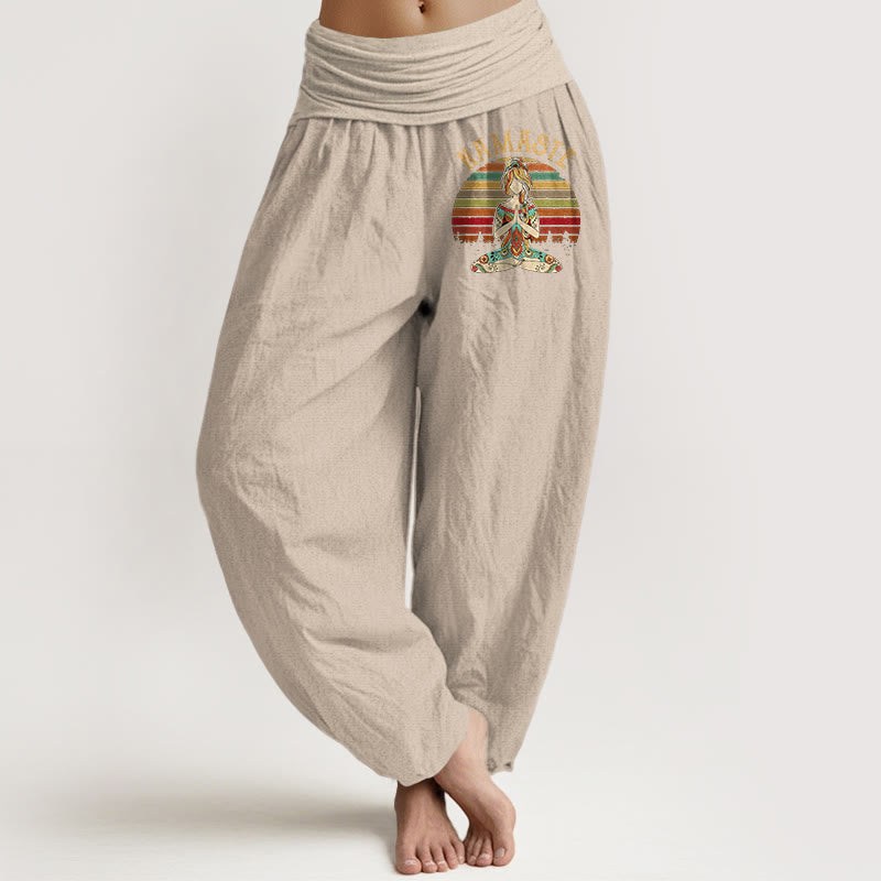 Buddha Stones Pantalones harén de algodón puro para mujer con estampado de figura de meditación de loto y rayas de colores Namaste - Broncearse - US16，UK/AU20，EU48 (3XL) - image 11