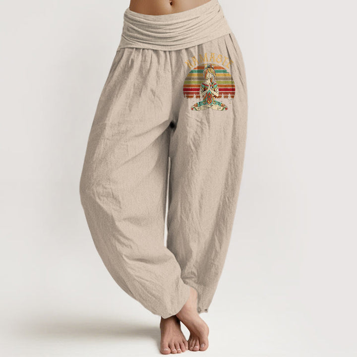 Buddha Stones Pantalones harén de algodón puro para mujer con estampado de figura de meditación de loto y rayas de colores Namaste - Broncearse - US16，UK/AU20，EU48 (3XL) - image 11