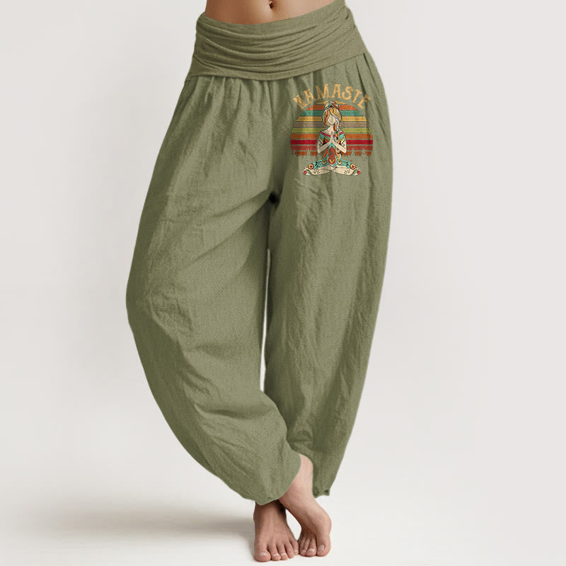 Buddha Stones Pantalones harén de algodón puro para mujer con estampado de figura de meditación de loto y rayas de colores Namaste - Verde oliva - US16，UK/AU20，EU48 (3XL) - image 14