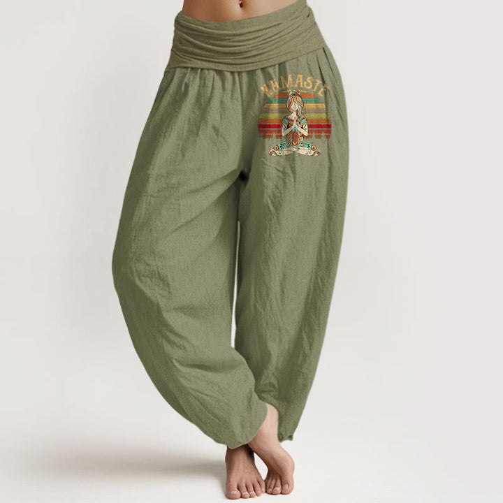 Buddha Stones Pantalones harén de algodón puro para mujer con estampado de figura de meditación de loto y rayas de colores Namaste - Verde oliva - US16，UK/AU20，EU48 (3XL) - image 14