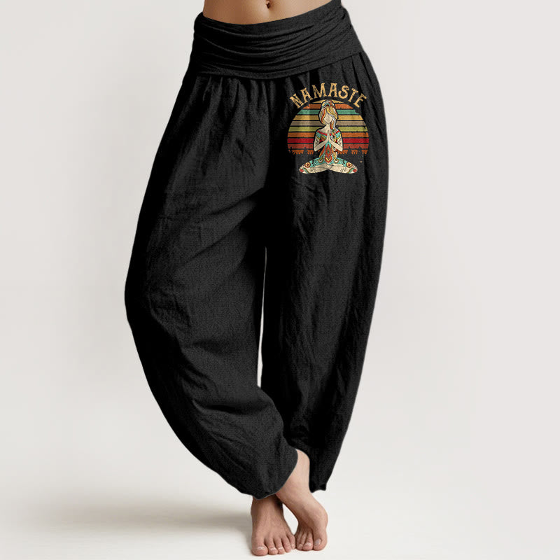 Buddha Stones Pantalones harén de algodón puro para mujer con estampado de figura de meditación de loto y rayas de colores Namaste - Negro - US16，UK/AU20，EU48 (3XL) - image 0