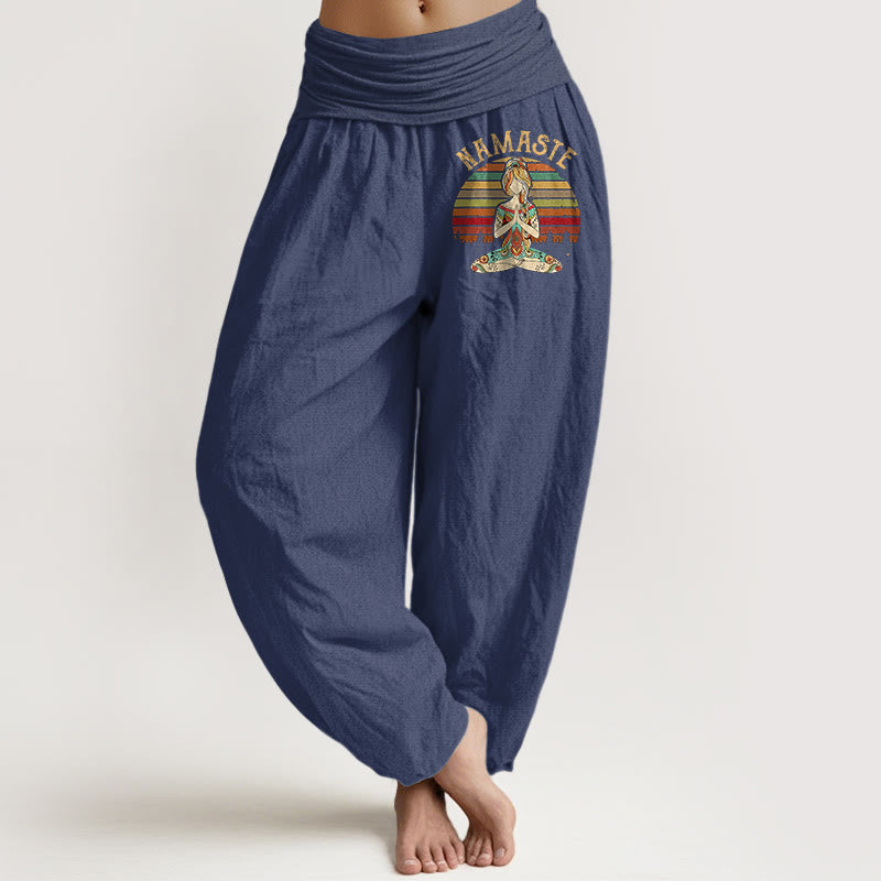 Buddha Stones Pantalones harén de algodón puro para mujer con estampado de figura de meditación de loto y rayas de colores Namaste - Azul pizarra oscuro - US16，UK/AU20，EU48 (3XL) - image 5
