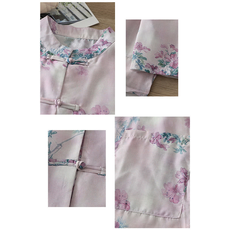 Buddha Stones Camisa de algodón para mujer, manga larga, cuello alto, botones de rana, estampado floral morado y hojas verdes de otoño - image 2