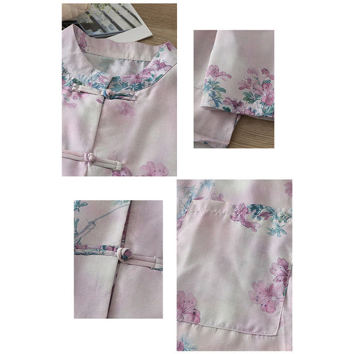 Buddha Stones Camisa de algodón para mujer, manga larga, cuello alto, botones de rana, estampado floral morado y hojas verdes de otoño - image 2