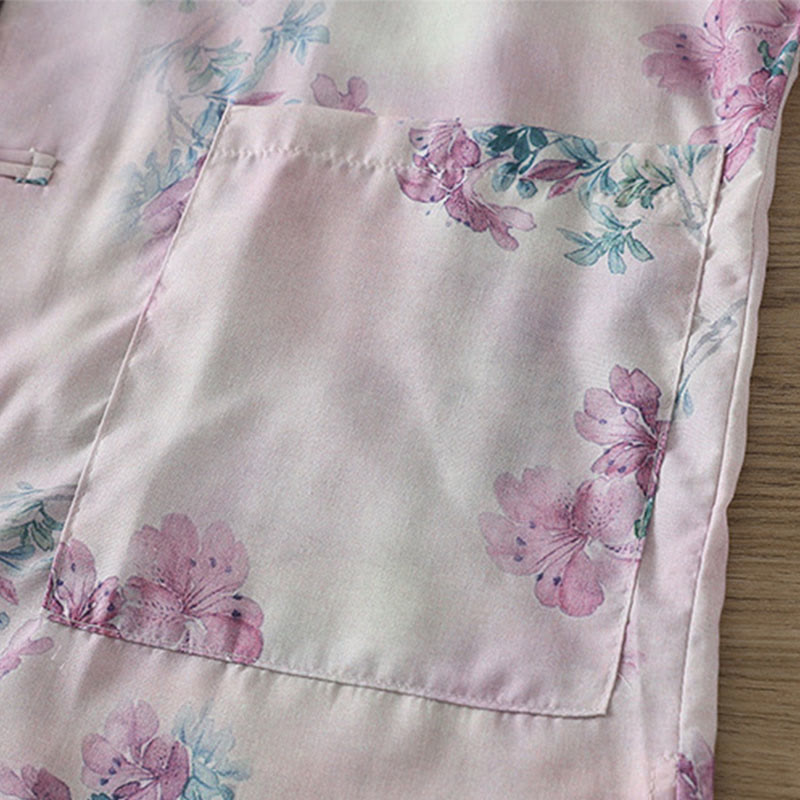 Buddha Stones Camisa de algodón para mujer, manga larga, cuello alto, botones de rana, estampado floral morado y hojas verdes de otoño - image 6