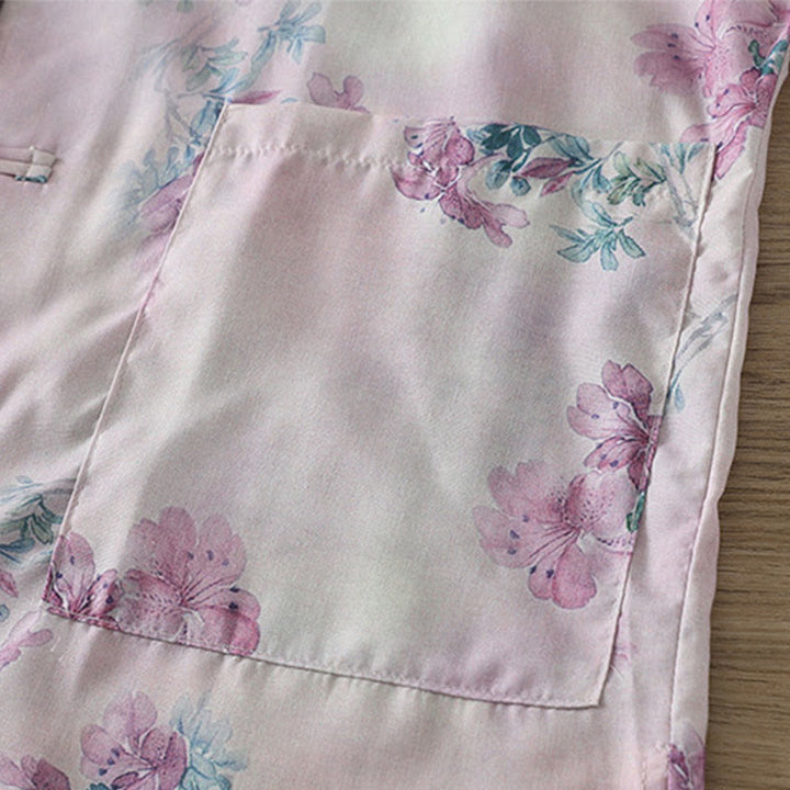 Buddha Stones Camisa de algodón para mujer, manga larga, cuello alto, botones de rana, estampado floral morado y hojas verdes de otoño - image 6